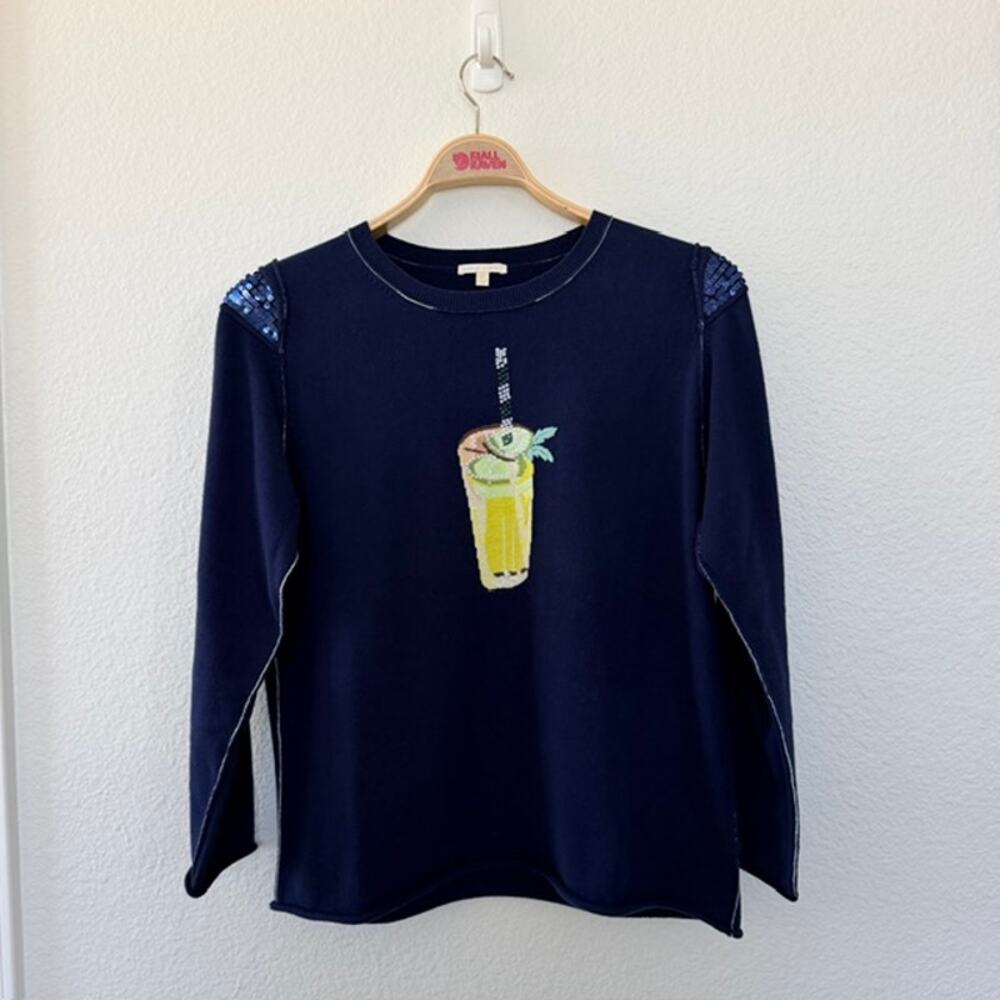 Lisa Todd Summer Sips Sequin Cotton Sweater Women's XL Navy Blue 100% Cotton